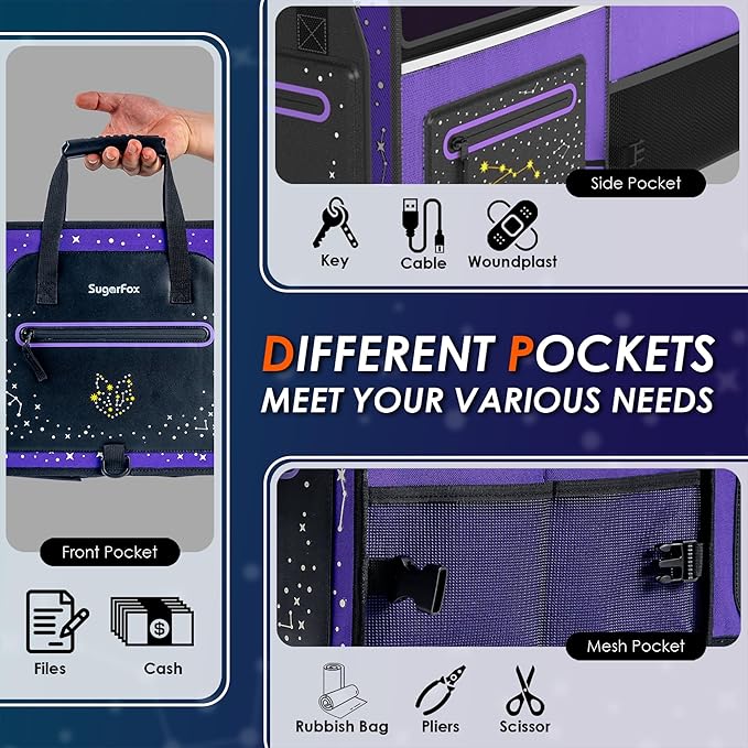 63L Car Trunk Organizer for SUVs & Small/Midsize Cars - Fluorescent Design, Waterproof, Collapsible with Adjustable Straps (Pu