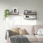 WOPITUES Floating Shelves with Wire Storage Basket, Bathroom Shelves Over Toilet with Protective Metal Guardrail, Wood Wall S