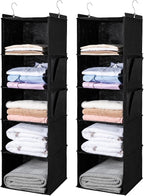 BOOMIBOO Hanging Closet Organize and Shelves，5-Hanging Shelf with 2 Side Pockets，Storage Foldable （2 Pack,Black）