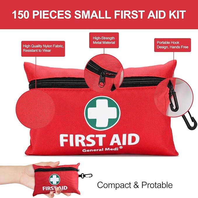 General Medi Mini First Aid Kit, 150 Piece Small First Aid Kit - Includes Emergency Foil Blanket, Scissors for Travel, Home, 