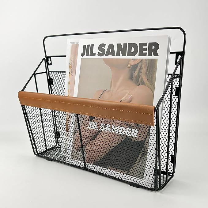 Leather-Accented Wall File Holder, Art Deco Wall-Mounted Magazine Rack, Hanging Mail Organizer, Metal Wire Hanging File Organ