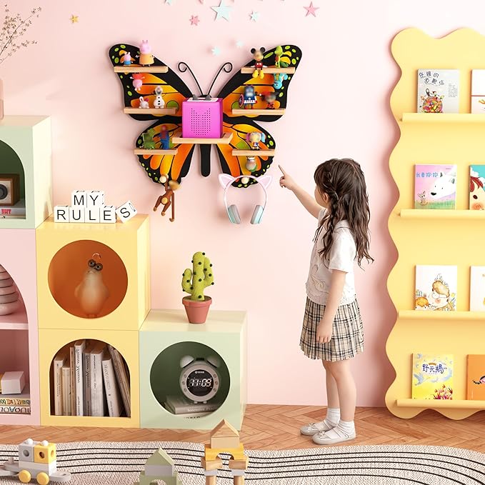 Orange Butterfly Tonie Shelf for Tonie and Box - Magnetic Wooden Floating Shelf for Figure Storage,Cute Tonie Wall Shelf for 