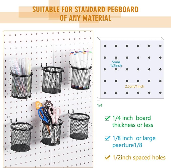 Spakon 6 Sets Pegboard Cups with Ring Hook, Peg Board Baskets Bin Holder Organizer Accessories Pegboard Pencil Cup Multipurpo