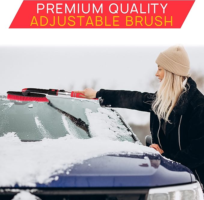VaygWay Ice Scraper and Extendable Snow Brush for Car Windshield- Adjustable Length Foam Grip 360° Pivoting Brush Head for Snow, 2 in 1 Sturdy Winter Ice and Snow Remover for Car, Truck, Van