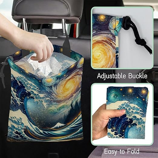 Sea Wave Car Trash Bag,Night Starry Sky Hanging Drawstring Car Garbage Bag,Waterproof Canvas Car Back Seat Organizer with Adjustable Buckle,for Vehicles,SUVs,Camping,Road Trips
