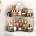 Corner Counter Organizer, 2-Tier Bathroom & Kitchen Storage Tray with Hooks | Clear Vanity Organizer for Skincare, Makeup & J