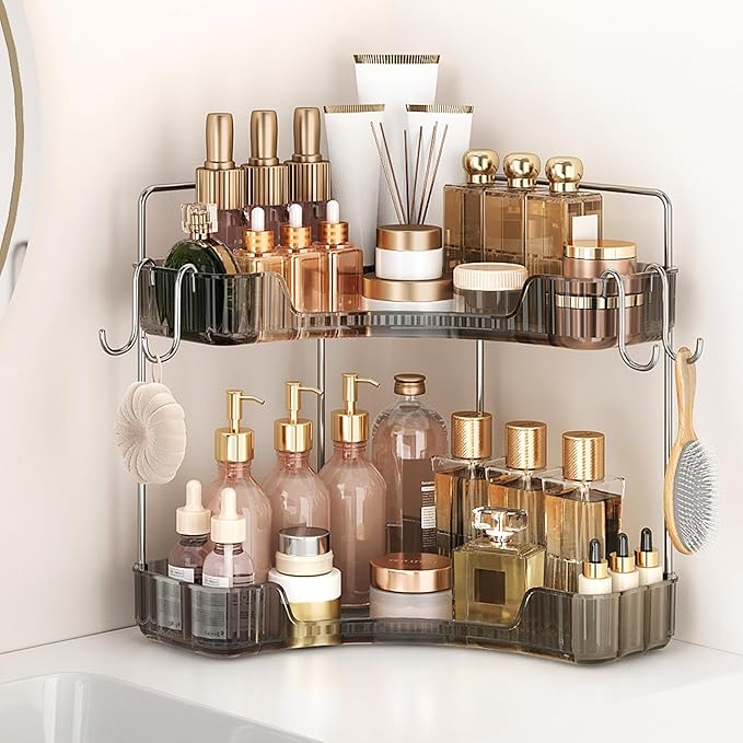 Corner Counter Organizer, 2-Tier Bathroom & Kitchen Storage Tray with Hooks | Clear Vanity Organizer for Skincare, Makeup & J