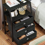 Furnulem Black Night Stand, Small Dresser for Bedroom, Nightstand with 3 Fabric Storage Drawers and 2-Tier Shelf, End Table S