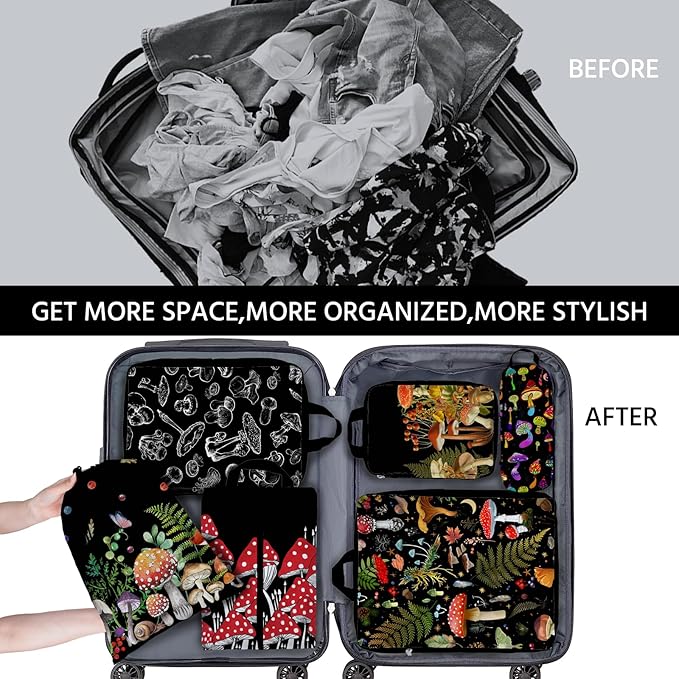 6 Pcs Compression Packing Cubes Waterproof Suitcase Travel Bag Luggage Backpack Organizer Travel Cubes for Packing-Black Mush