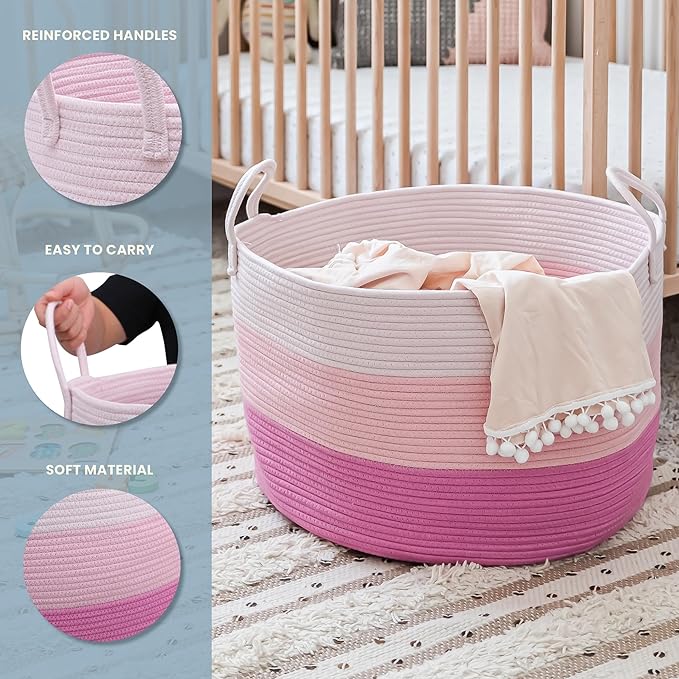 OrganiHaus Large Woven Storage Basket for Blankets and Toys 20" x 13" Inch, Rope Laundry Basket with Handles, Cushions & Pill