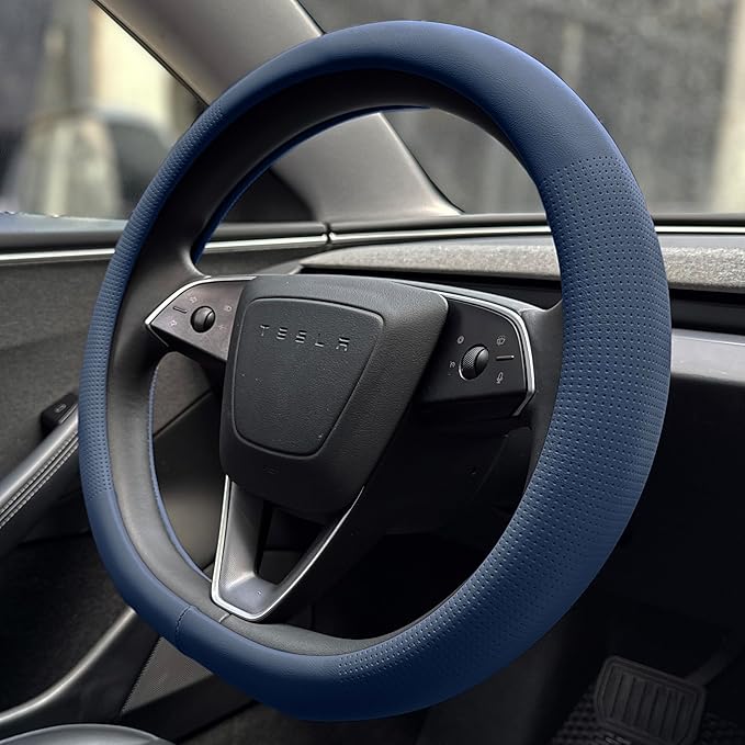 PINCTROT Nappa Leather Steering Wheel Cover for Tesla Model Y/3 Highland/Juniper, D Shaped 14 Inch Small Sized with Breathabl