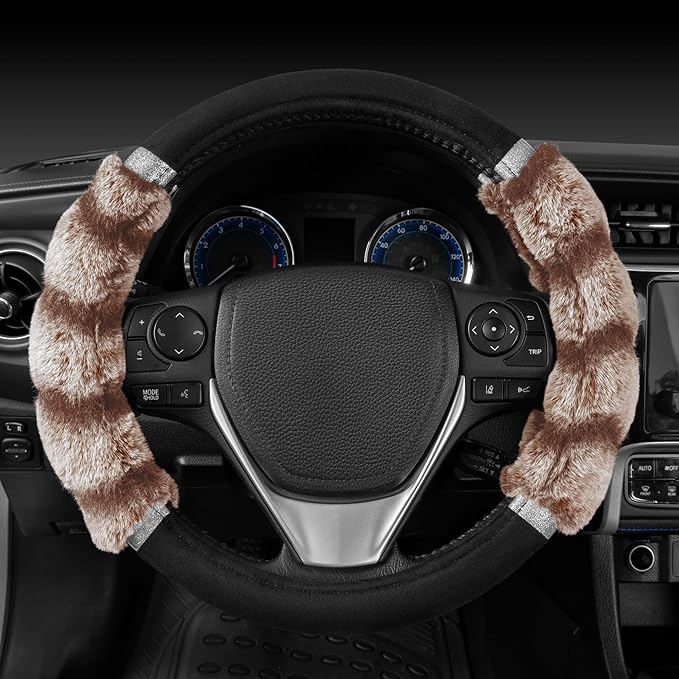 BDK Bear Fur Steering Wheel Cover, Plush Faux Fur Fuzzy Steering Cover for Car Truck Van SUV, Standard Size Fits Wheels 14.5-