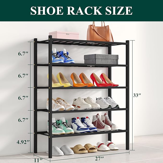 Smiry Shoe Rack, 5 Tier Bamboo Shoe Organizer, Stackable Free Standing Wooden Shoe Storage Shelf for Closet, Entryway, Front 