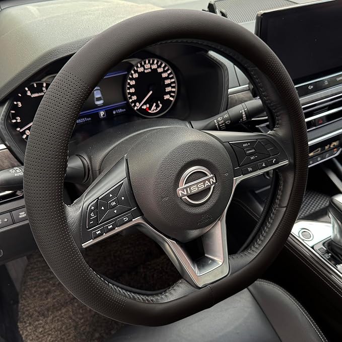 PINCTROT D Shaped Nappa Leather Steering Wheel Cover, Slim Fit No Bulk Design, One Piece Leather with Breathable Perforation,