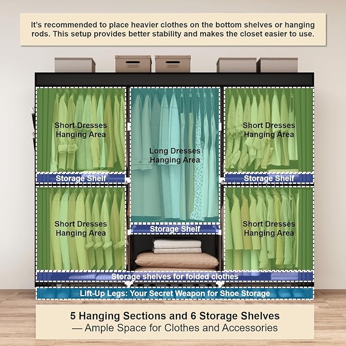 MOGELAFOO 83" Closet Wardrobe, Portable Closet for Bedroom, Freestanding Clothes Rack with Non-Woven Fabric Cover, 5 Hanging 