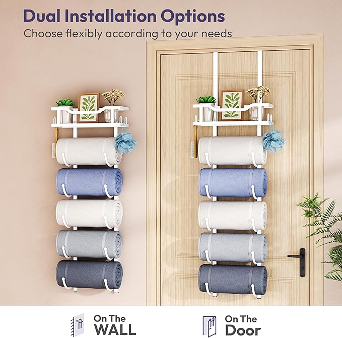 SWTYMIKI Over the Door Towel Rack - 6 Tier Towel Racks for Bathroom Wall Mounted, Towel Holder with Shelf, Hanging Rolled Tow
