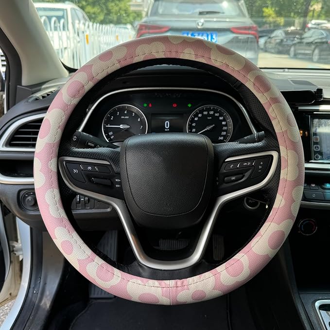 Vintage Groovy Flowers Car Leather Steering Wheel Cover - 15-inch Universal Microfiber- Soft & Breathable & Silicone Anti Sli