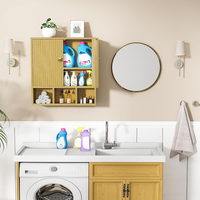 Bathroom Wall Cabinet,Wooden Medicine Cabinet with Fluted Doors Over The Toilet Storage Cabinet with Adjustable Shelf for Bat