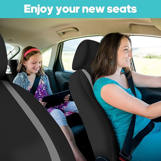 FH Group Unique Flat Cloth Full Set Car Seat Covers w. Silicone Steering Wheel Cover- Universal Fit for Most Cars, Trucks, SUVs or Vans (Gray/Black)
