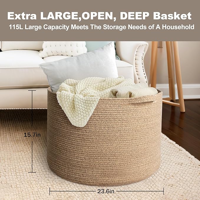 MEGASKET 115L Wicker Storage Basket, 23.6"x15.7" Woven Cotton Rope Basket, Giant Kids Dog Toy Bin Organizer, XXXL Blanket Pil