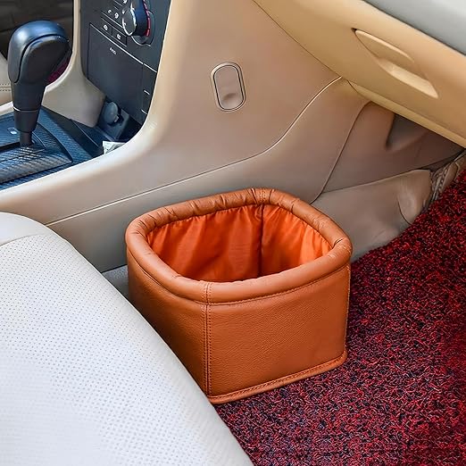 Leather Car Trash Can, Luxury Car Organizer, Leakproof Garbage Can for Car and Trucks, Brown