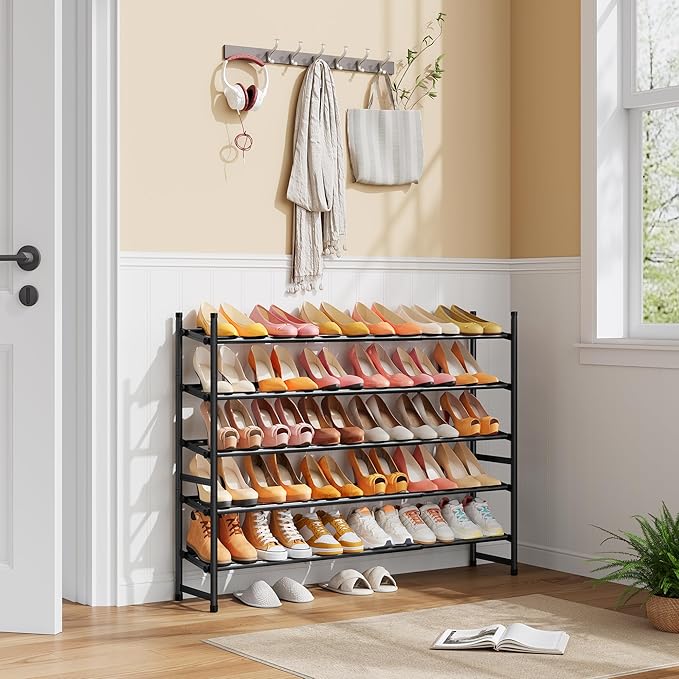 Tajsoon Expandable Shoe Rack for Closet 5 Tier, 29“-41“Adjustable & Stackable Shoe Shelf Storage, Metal Shoe Rack Organizer f