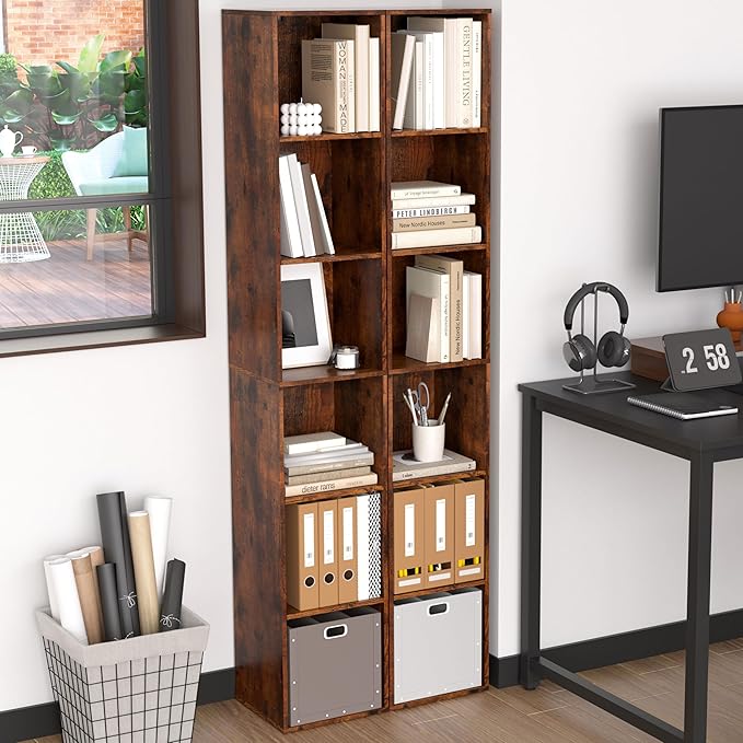 Cube Storage Organizer, 6 Cube Retro Bookshelf, Freestanding 6 Tier Open Shelf, Rustic Brown Retro Shelves for Home Office, B