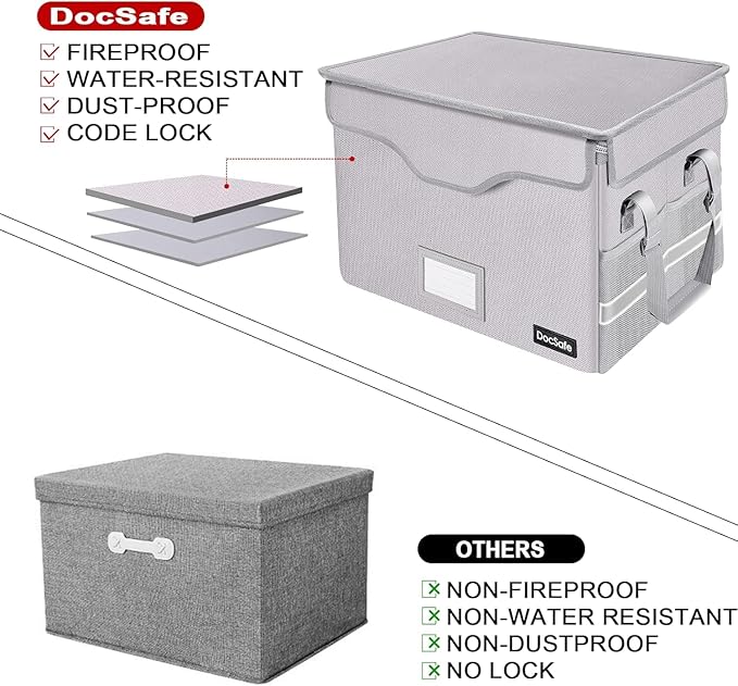 DocSafe Fireproof Document Box with Lock,File Storage Organizer with Zipper Pockets,Collapsible Portable File Box Home Office
