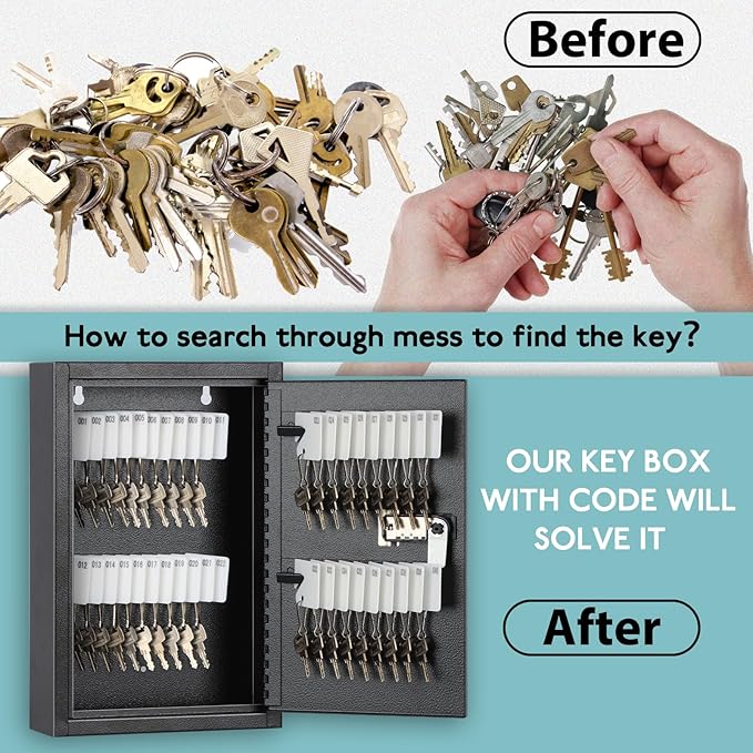 KYODOLED Locking Key Cabinet, 40 Key Storage Lock Box with Code, Key Box Wall Mount with Combination Lock, Key Hooks & Tags L