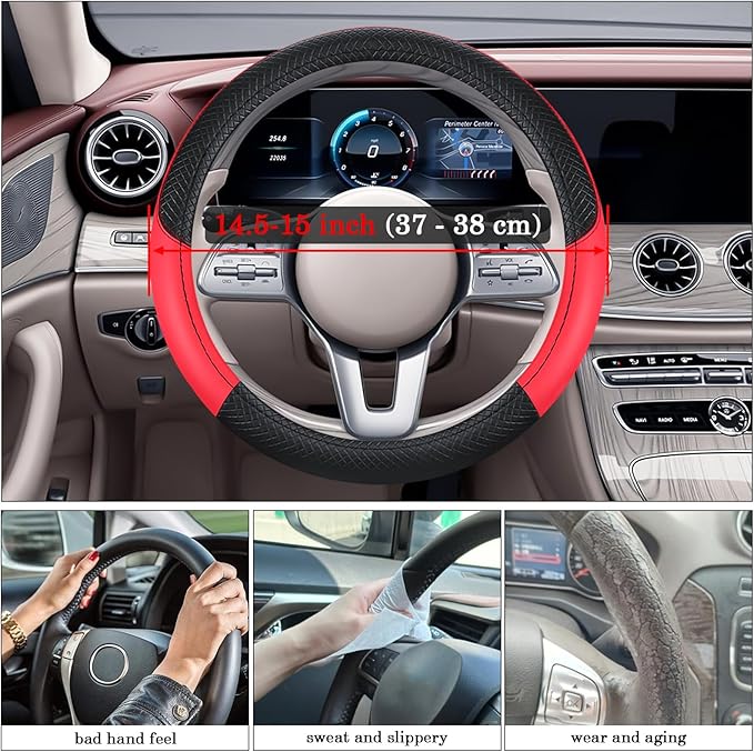 Black & Red Car Steering Wheel Cover, Microfiber, Leather Patchwork, Universal 14.5-15 Inch Leather Anti-Slip Breathable Auto