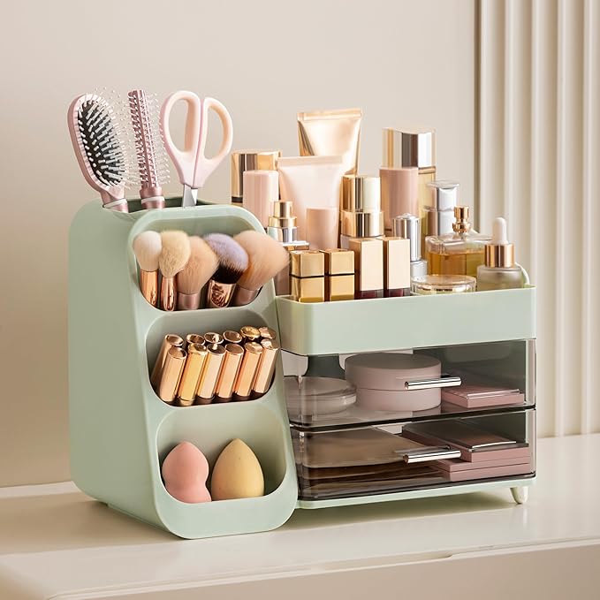 HBlife Makeup Organizer with Brush Holder for Vanity, Large Plastic Bathroom Countertop Organizer Skin Care Storage, Easy to 