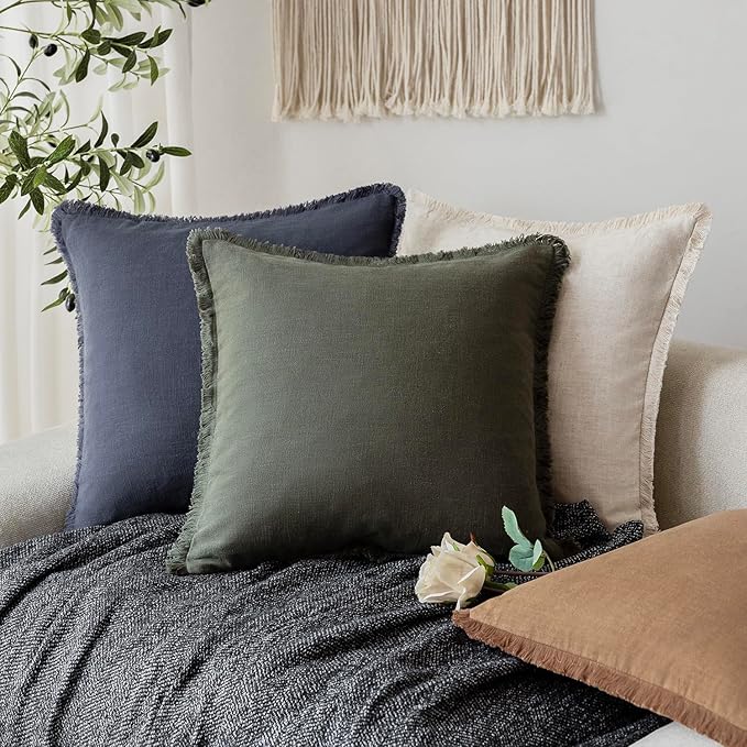 Foindtower Set of 2 Decorative Linen Fringe Throw Pillow Covers Boho Farmhouse Cushion Cover with Tassels Soft Accent Pillowc