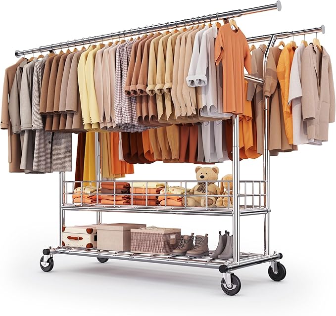 HOKEEPER Heavy Duty Clothes Rack Load 635 LBS, Clothing Rack for Hanging Clothes Adjustable Rolling Garment Rack with Wheels 