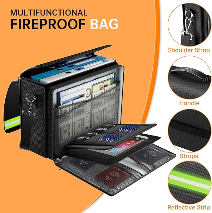 DocSafe 5200°F Large Fireproof＆Wate-Resistant Document Bag with Multiple Pockets,(17”x12.5”x7.2”) File Storage Organizer Impo
