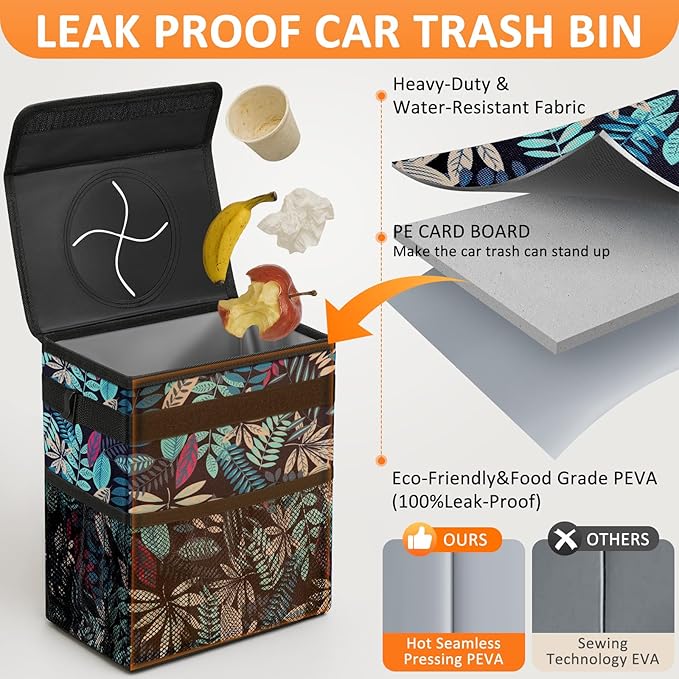 Car Trash Can for Car Cute, Bag Bin Hanging Waterproof Automotive Garbage Cans Leak Proof Vehicle Trash Can Colorful Leaves
