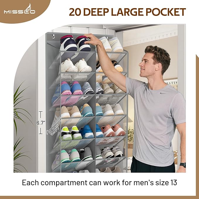 MISSLO 30 Pairs Over the Door Shoe Organizer Breathable Mesh Hanging Shoe Rack for Closet Storage with Wide Deep Pockets 10 T