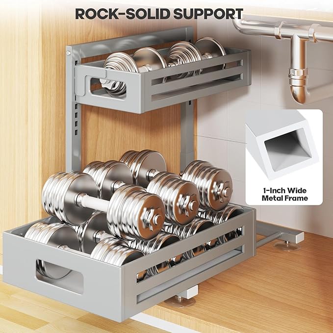 2 Pack Under Sink Organizer,Pull Out Cabinet Organizer With Smooth Cylindrical Rail,Metal Slide Out Drawer for Kitchen Bathro
