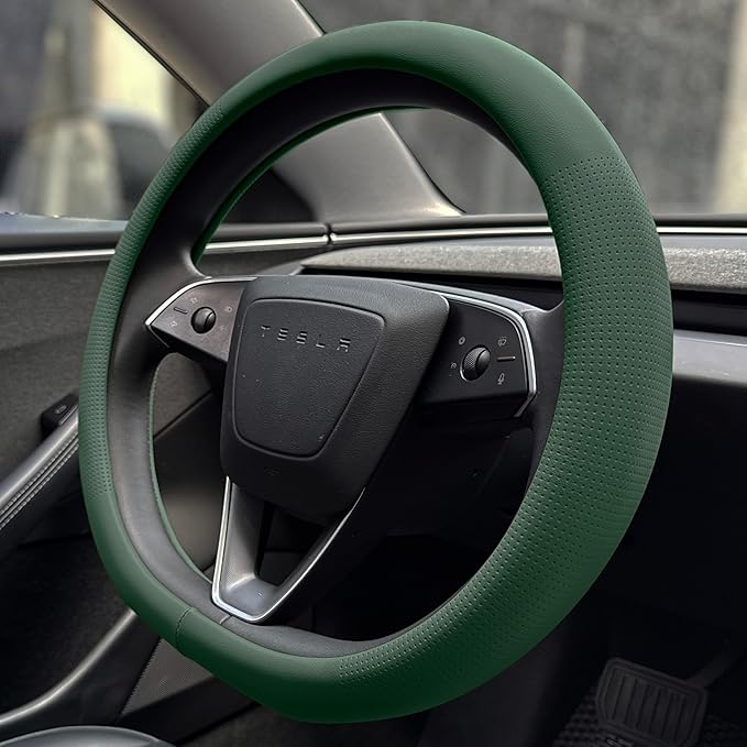 PINCTROT Nappa Leather Steering Wheel Cover for Tesla Model Y/3 Highland/Juniper, D Shaped 14 Inch Small Sized with Breathabl