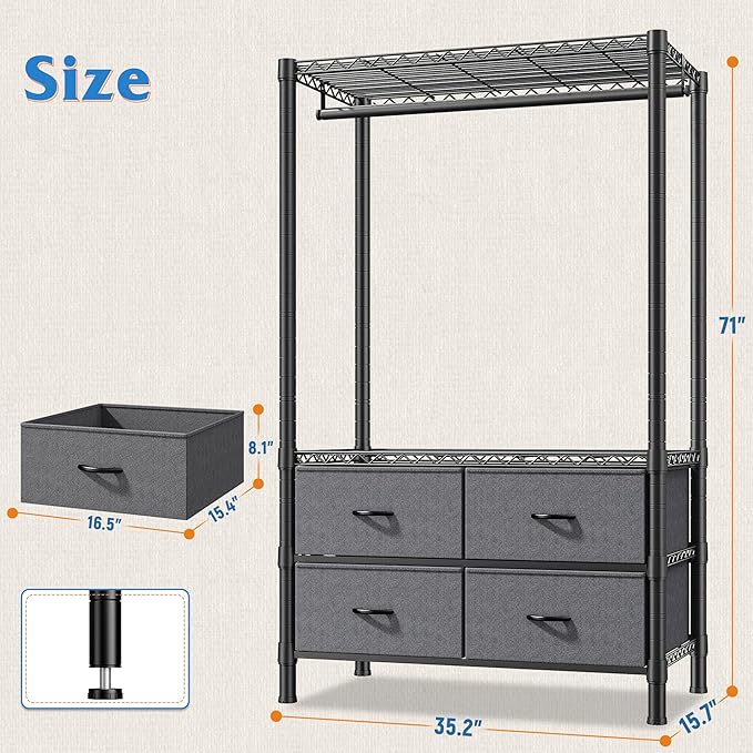 Raybee Clothes Rack, Heavy Duty Clothing Racks for Hanging Clothes, Portable Closet with 4 Drawers, Freestanding Garment Rack