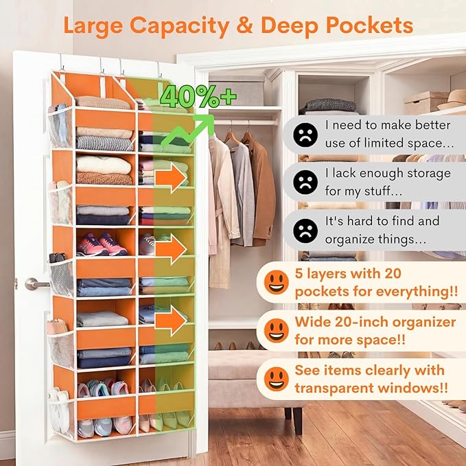 Over The Door Organizer 5 Tiers, Extra Large Behind Door Storage of 10 Compartments, 80 lbs Weight Capacity Hanging Storage O