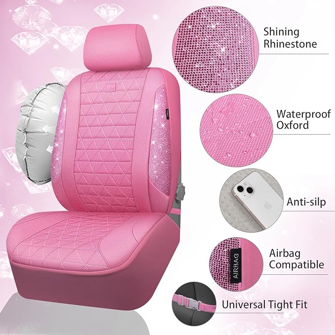 CAR PASS Pink Oxford Bling Diamond Car Seat Covers Full Set Interior Sets, Waterproof Shining Glitter Sparkly Crystal Univers