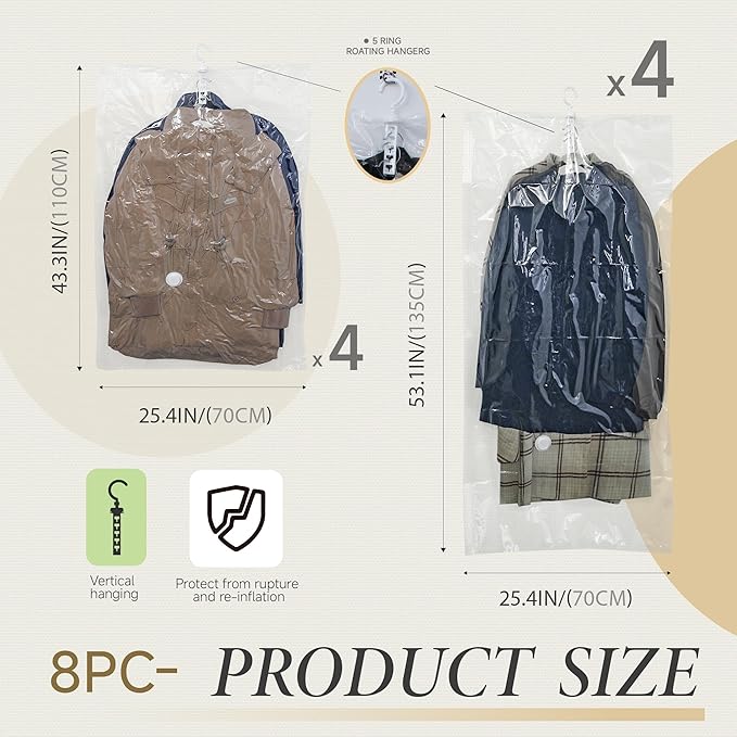 Hanging Vacuum Storage Bags,Hanging Vacuum Sealer Storage Space Saver Bags for Clothes, Suits, Coats, Dresses or Jackets, Reu