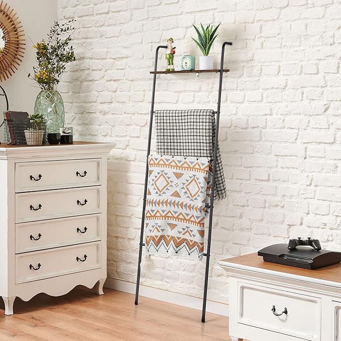 Blanket Ladder Holder for Living Room Farmhouse Decorative Ladder Holder with Storage Shelf, Wall Leaning Quilt Towel Rack fo