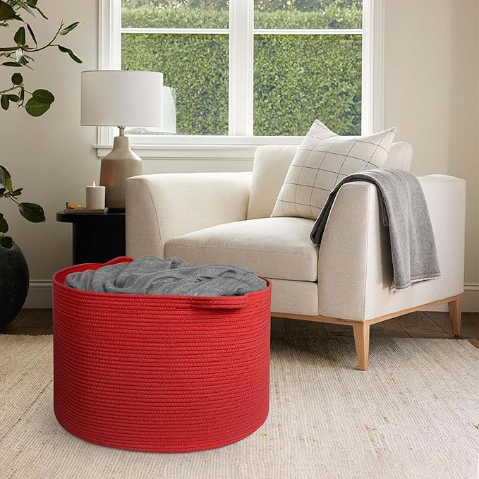 MEGASKET 115L Extra Large Red Basket for Organizing, 23.6"x15.7" Jumbo Woven Cotton Rope Bins for Blankets, Baby Nursery Laun