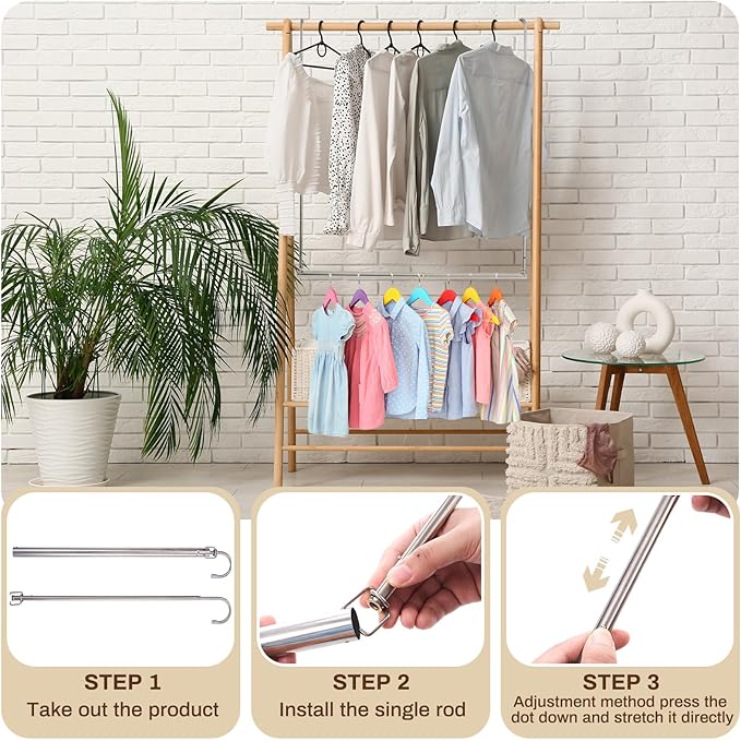 2 Pack Closet Rod Extender Adjustable 16-29 Inches, Double Hanging Organizer Extension for Clothes, Hook-on Storage Bar Adds 