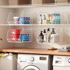 4" Extra Deeper Foldable Hanging Closet Organizer, Small Wire Cabinet Shelves and Storage with 5 S Hooks,4 Tier Metal Basket 