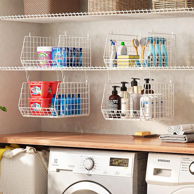 4" Extra Deeper Foldable Hanging Closet Organizer, Small Wire Cabinet Shelves and Storage with 5 S Hooks,4 Tier Metal Basket 