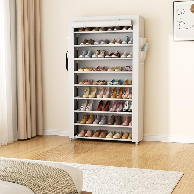 LANTEFUL Shoe Rack with Covers 10 Tier Tall Shoe Rack Organizer Large Capacity Shoe Shelf Storage 40 Pairs Space Saving Free 