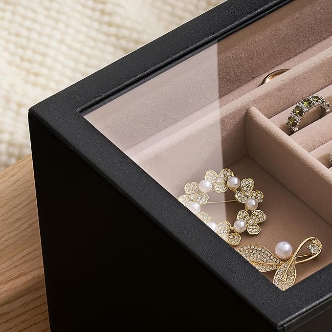pickpiff Jewelry Box Organizer Case for Women: 4-Layer Jewelry Storage Case with Glass Window, Black Leather with Blush Velve