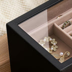pickpiff Jewelry Box Organizer Case for Women: 4-Layer Jewelry Storage Case with Glass Window, Black Leather with Blush Velve
